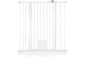 Bettacare Barrière pour Chien avec Chatière Verrouillable, 100.8cm - 108.4cm, Blanc, Hauteur de 104cm, Barrière de Sécurité pour Animaux Extra Haute avec Chatière pour Chat