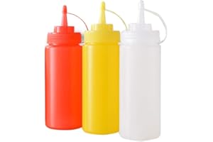 ERICOTRY 3 pezzi, bottiglie da spremere per condimenti, senape, in plastica, per salse, ketchup, con tappo a vite, per uso domestico e in cucina
