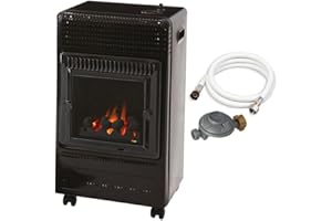 FAVEX - Chauffage d'appoint à gaz Ektor Fire - Prêt à l'emploi livré avec tuyau et détendeur - Intérieur - Brûleur Inox Infra Bleu effet feu de cheminée - 3 Puissances de Chauffe -jusqu'à 35 m² - Noir