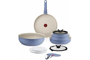 Tefal Ingenio Blue 11-Piece Non-Stick Cookware Set – Induction Frying Pans, Wok, Saucepans with Glass Lids, Detachable Handles, Oven Safe, Stackable, L829SB04