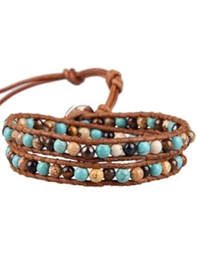KELITCH Natürliche Türkis, Braun Streifen Achat und Picture-jasper Perlen Lederarmband Armbänder, 2-reihig