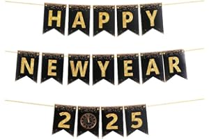 FYVADIO Banner di Buon Anno, 2025 Happy New Year Bunting nero con alfabeto d'oro per la festa di Capodanno Fornitore di decorazioni per la festa di Capodanno