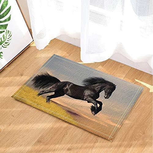 SRJ2018 A black horse jumps from a yellow grassy hill Super Absorbent, Non-slip Mat or Door Mat, Soft and Comfortable