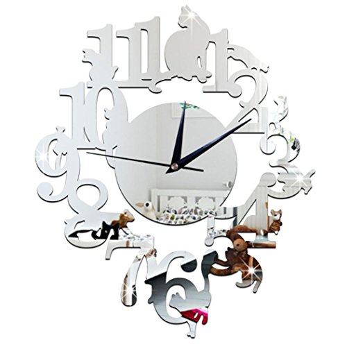 Hevoiok Smart Clock Unique Cat Mirror Silver Wall Clock Modern Design Home Decor Watch Wall Sticker