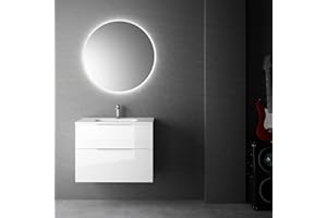 B BAÑO TOTAL Mueble de Baño Comet Suspendido | Mueble Baño Fondo Reducido 2 Cajones Cierre Amortiguado y Lavabo Cerámico (70x40cm, Blanco Brillo)