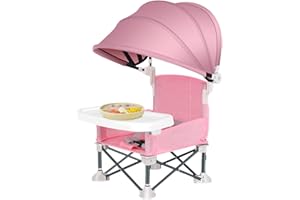 AUFQUWK Trona Para Bebé, Silla De Comedor Plegable Con Asiento Elevador, Portátil Para Playa Con Bandeja Extraíble Y Sombrilla, De Viaje Para Alimentación