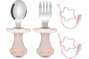 Vicloon Tenedor y Cuchara de Acero Inoxidable para Niños，2pcs Tenedores y Cucharas para Bebe, Vajilla Infantil con Cuerda, Vajilla de Entrenamiento para Niños，sin BPA（Rosa）
