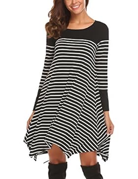 Chigant Damen Gestreift T-Shirt-Kleid Oversize Longshirt mit Rundhals Asymmetrischem Saum Für Hersbt Winter