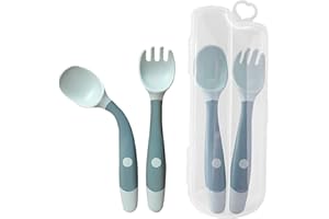 PENUSPT Baby Fork and Spoon Set, 360°Bendable Self Feeding Utensil Raise Learning Cutlery Kit Soft Tableware Gift with Carry Case BPA-Free for Infant Toddler Children Kids First Led Training (1 Pair) (Blue)