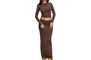 Vioyavo Set di 2 Pizzi Completo Donna Elegante Gonne Lavorate a Maglia per Le Donne a Maniche Lunghe Crop Top Cravatta a Vita Alta Aderente Elegante Vestito Lunga