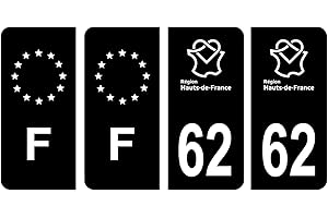 HADEXIA Lot 4 Autocollants Plaque immatriculation département 62 Pas-de-Calais Région Hauts-de-France Noir & F France Europe