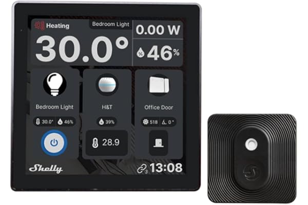 Shelly Wall Display Svart + BLU H&T Svart (Bundle) – WLAN, Bluetooth Smart Hemkontrollpanel, Touch-skärm, Med temperatur- och fuktighetssensor, Termostatfunktion, Trådlös strömbrytare fjärrkontroll