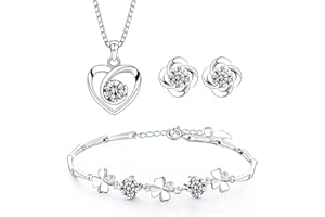 Josfeva Silver Jewellery Sets for Women, 925 Sterling Silver Stud Earrings & Necklace & Bracelet Sets with 5A Cubic Zirconia, Heart Pendant Clover Jewellery Set Gift for Christmas Birthday Valentines
