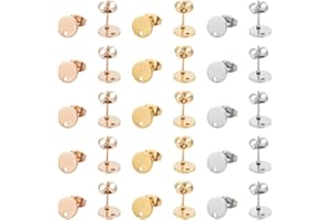 UNICRAFTALE Aproximadamente 42 unidades 3 colores 8 mm plana redonda pendientes con lazo de acero inoxidable pendiente con parte trasera de 0,8 mm pin redondo vacío pendiente para bricolaje pendientes