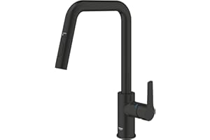 GROHE Start QuickFix – wyciągana bateria kuchenna z podwójnym natryskiem (wysoka wylewka U, obszar obrotu 360°, wkład ceramiczny 28 mm, ogony 3/8 cala), łatwy montaż dzięki GROHE QuickMount, czarny