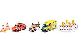 siku 6332, Geschenkset Rettung, VW Beetle-Notarztwagen, Mercedes-Rettungswagen, Helikopter, Spielzeug-Set, Kunststoff/Metall, Multicolor, Inkl. 2 Warnbaken und 2 Pylonen