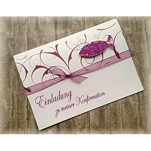 Einladung Einladungskarte Kommunion Konfirmation Firmung Taufe Fisch christliche Symbole brombeer beere dunkel pink