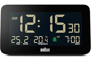 Braun Sveglia Digitale con Visualizzazione di Data, Mese e Temperatura, Display LCD Negativo, Impostazione Rapida, Sveglia Bip Crescendo in Nero, Modello BC10B (1 Confezione)