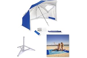 JAZLAX Beach Umbrella Tent Sun Shade Shelter 2.4m SET Beach Mat and Stand Inc. Portable, UPF 50+ UV Protection 2-4 person, beach, garden, fishing, camping (Blue)