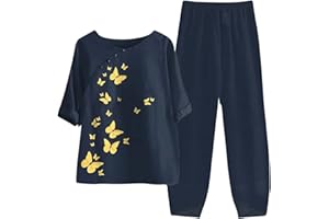 VEMOW Conjunto Chandal Mujer Primavera y Verano Traje de Dos Piezas de Lino Algodón Camiseta con Mangas de 1/2 y Pantalón Pijamas Mujer Vestir Fitness Mujers Conjunto Suelto de Cintura Alta S-5XL