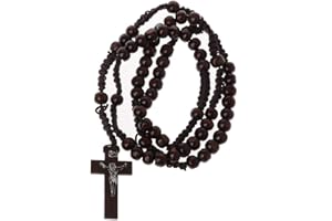 KINTRADE Catholic Wooden Beads Rosary Necklace with Jesus Seal Cross Religious Jesus Jewelry - Dark Brown