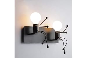 CHAO ZAN Humanoid Creativo Vintage Lampada da Parete Applique Lampada a Muro Industriale Retro Ferro Art Cartone animato Design E27 Bar Bambini Camera da Letto Cucina Ristorante Caffè Corridoio Loft(Nero)