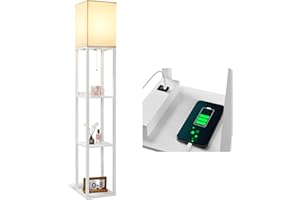 ‎DEANIC DEANIC Stehlampe Wohnzimmer mit Regal, LED Stehlampen für Schlafzimmer mit 3 Farblich Einstellbaren Glühbirne, Büro Stehleuchte mit 2 USB-Ladeanschlüssen, Lampenfassung E27 (Weiß)