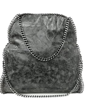 Limited Colors Handtasche VIVIEN Lederlook Damen Schwarz Grau Rosa Jeans Shopper Beuteltasche mit Kette (Grau...