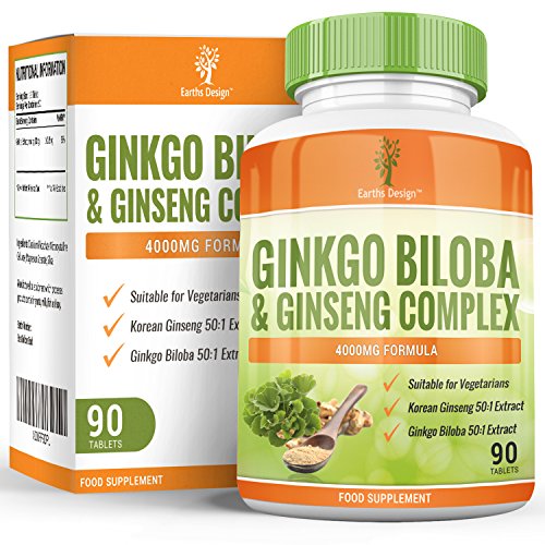 Preisvergleich Produktbild Ginkgo Biloba & Koreanischer Ginseng – Hoch Wirksam - Ginkgo 50:1 Extrakt 3000mg - Ginseng 50:1 Extract 1000mg – Geeignet für Vegetarier - 90 Tabletten von Earths Design