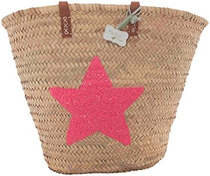 Emma Sequin Star Basket with long leather handles (Neon Pink)