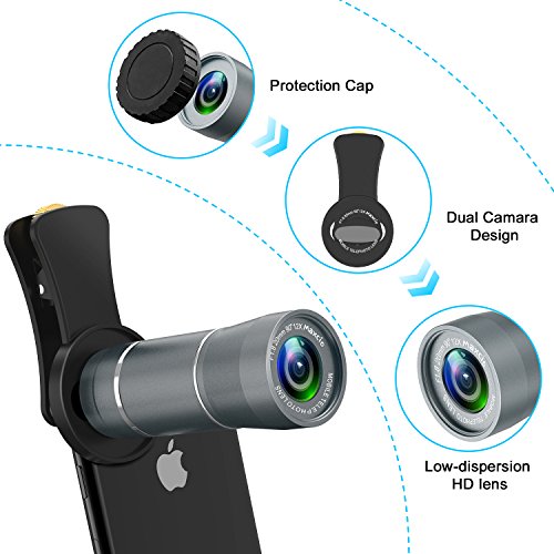 12X HD Teleobiettivo Smartphone, Maxcio Teleobiettivo Mobile per Migliorare la Chiarezza e Il Doppio Obiettivo, Obiettivo Clip per iPhone 8/8 Plus, 7/7 Plus, 6 / 6s Plus, iPad, Samsung S8 / S7, Xiaomi, Huawei ecc