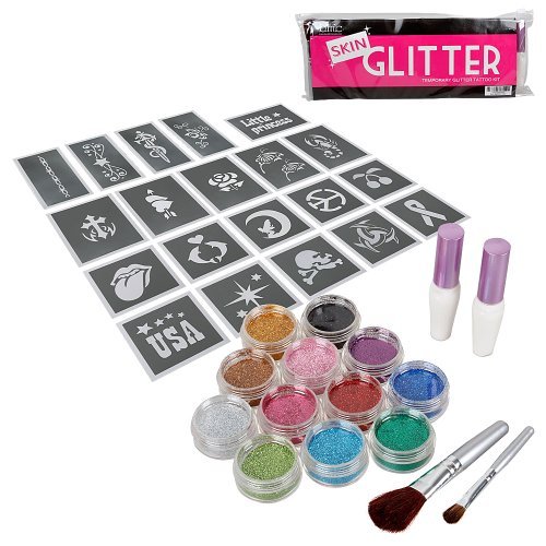 BMC 12pc Party Fun Temporary Fashionable Multi-Color Glitter Shimmer Tattoo Body Art Design Kit with Stencils, Glue and Brushes