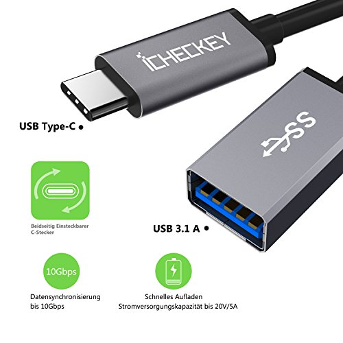 ICHECKEY USB C Adapter auf USB A Female 3.1 Type C Converter mit Kabel 15cm für MacBook/MacBook Pro/ChromeBook Pixel/Google Pixel C/Nokia N1 (Schwarz) - 2