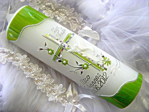 Taufkerze Kommunionkerze Junge Mädchen 250/70 mm VT-10 inkl. Zubehör für selbstbeschriften