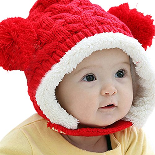 Etosell Lovely Winter Warm Kid Baby Girl Boy Dual Balls Ear Wool Knit Beanie Cap Hat (Red)