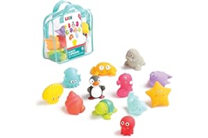 LUDI - 12 Animaux Marins en Plastique pour Jouer dans Le Bain. Dès 6 Mois. Animaux arroseurs rigolos. Sac de Rangement Inclus. Jouet à emmener à la Plage - Aspergeurs 12 Mers - réf. 2174