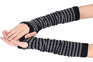 FSSTUD Knitted Stripe Long Fingerless Gloves Arm Warmer Thumb Hole Gloves for Ladies Girls Black-Grey
