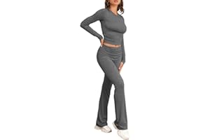 Famulily Women's Tracksuit Two Piece Outfit Skims Dupe Long Sleeve Fold-over Crop Top and Low Rise Flare Pants Set Lounge Sets S-L