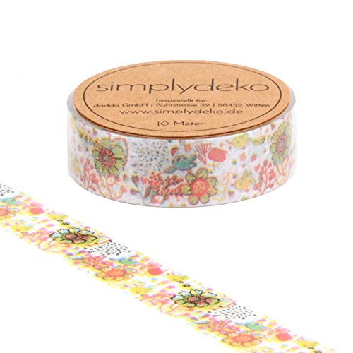 Simplydeko Washi Tape TIERE + BLUMEN + PFLANZEN (Masking Tape, Bastel-Klebeband) Washi-Tape und Maskingtape (Blumen Blumenwiese (15mm breit - 10 Meter))
