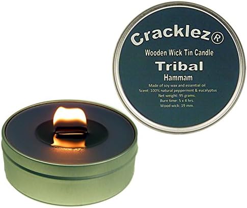 Cracklez Crackling Scented Wooden Wick Tin Candle Tribal Hammam. Eucalyptus and Peppermint. Spa. Dark-grey. Aromatherapy.
