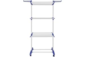 Innotic Clothes Drying Rack Foldable Standing Stainless Large Space Washing 4-Tier Airer Horse Laundry Hanger Dryer for Home Garden Storage Indoor Outdoor (Blue-grey)
