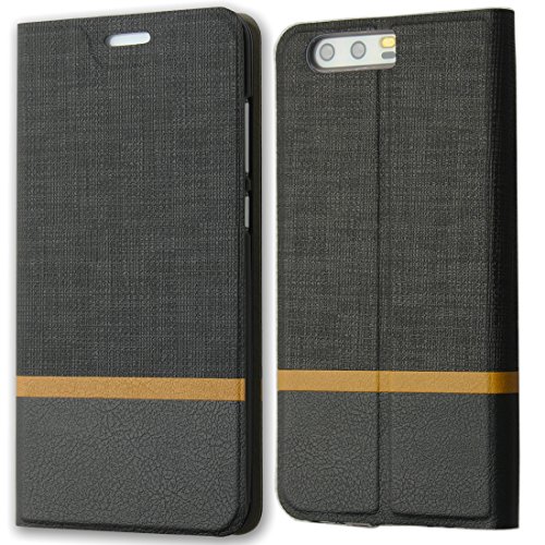 Lively Life Huawei P10 hülle – Premium Luxuriös PU lederhülle[Vollständigen Schutz] [Kreditkartenfach] Folio Flip Brieftasche Schutzhülle im Denim Pattern für Hua Wei P10(Denim-Schwarz)