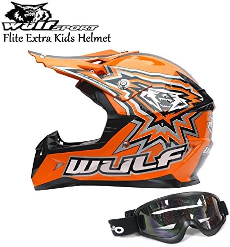 WULFSPORT FLITE-XTRA KIDS HELMET Motocross Dirt-Bike Sport Enduro ECE Helmet Orange + Moto X1 Matt Black Goggles (L)