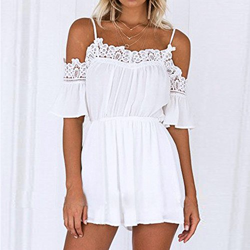 Damen Overall,SannysisFrauen Sommer Aus Schulter Overall (S, Weiß) - 2