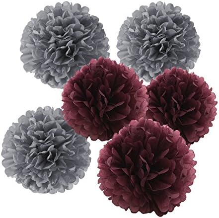 CUTADORNS 6pcs Tissue Paper Pom Poms Flower Ball Hanging Pom for Wedding Party Outdoor Decoration Bridal Shower Party Baby Shower (Grey and Burgundy)
