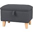 INMOZATA Linen Fabric Footstool Storage Upholstered Ottoman Pouffe Stool Change Shoe Footrest Wooden Legs for Living Room Bedroom Dark Grey