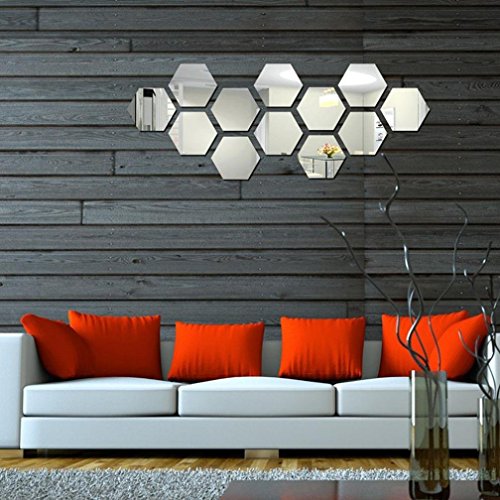 NectaRoy 3D Spiegel Hexagon Acryl-entfernbare Wand-Aufkleber-Abziehbild, Spiegel Geometrische Hexagon Aufkleber Wohnzimmer Dekor (Silber) - 2
