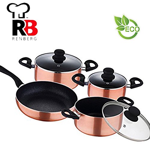 ¡Los originales Renberg Luzern – Batería de cocina Chef de piedra volcánica y cobre – Super resistente! Juego 7 Piezas Incluye 3 tapas de cristal templado con válvula de drenaje del vapor 3 cacerolas y 1 sartén – Tamaño 16/20/24/26 apta para todos los tipos de cocción, cerámica, Eléctrico, Gas e inducción – Kit cacerola cacerolas Honda olla sartén sartenes Mármol vulcanico copper coppers pans pan Red Gold – rb-1225
