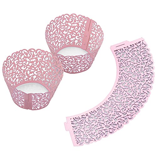 Mogoko 50 Stk. Cupcake Wrappers Hohl Cupcakeförmchen Kuchen Pappbecher Verpackungen Kuchenverpackung für Hochzeit Geburtstag feiern Baby Dusche Dekoration (Rosa) - 2