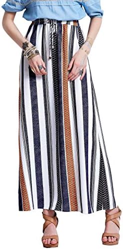 Bohoartist Women's Cotton Linen Color Block Stripe A-Line Elastic High Waisted Ankle-Length Long Maxi Skirt